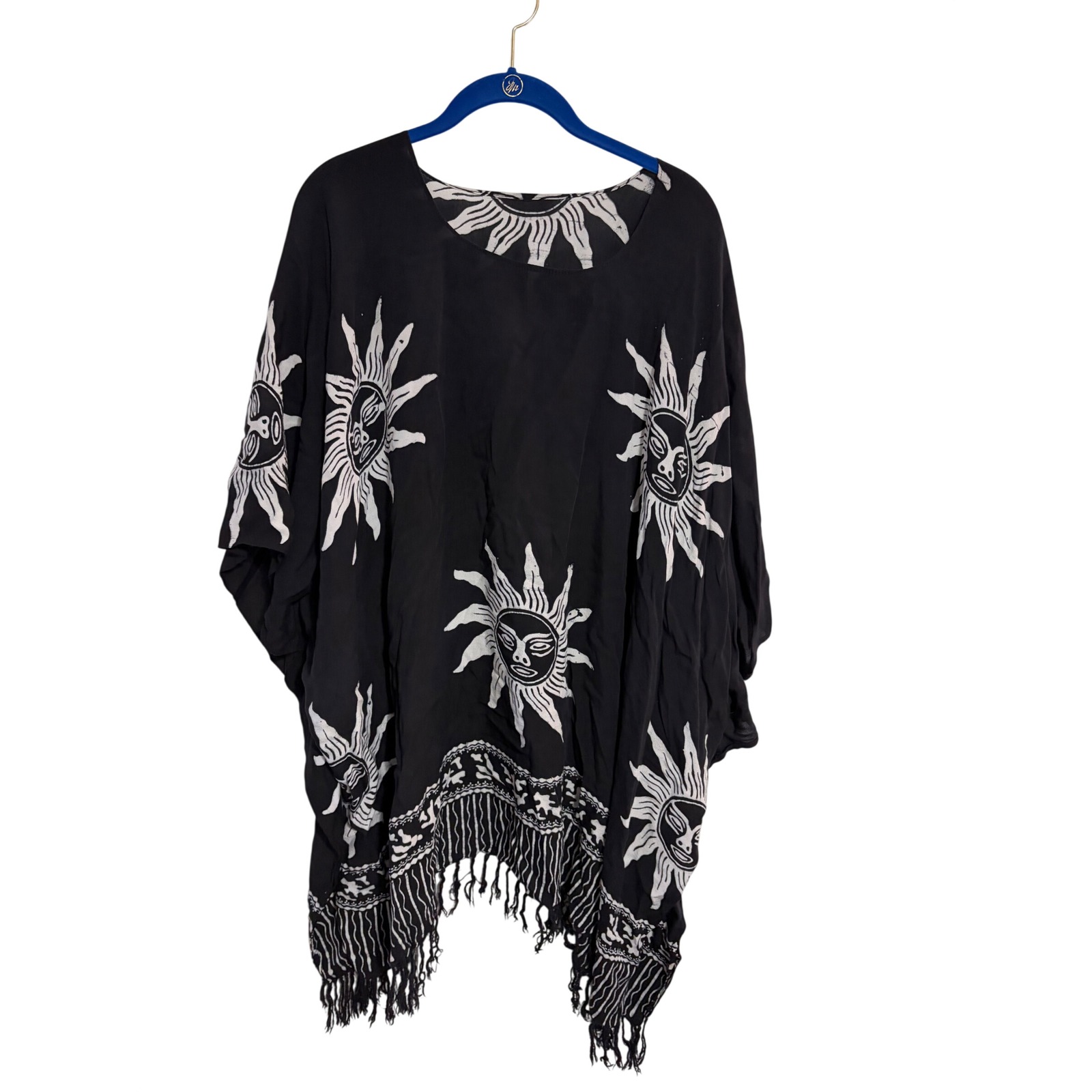 Poncho Top Celestial Sun Face Black White Fringe Trim Os Boho Festival Aesthetic